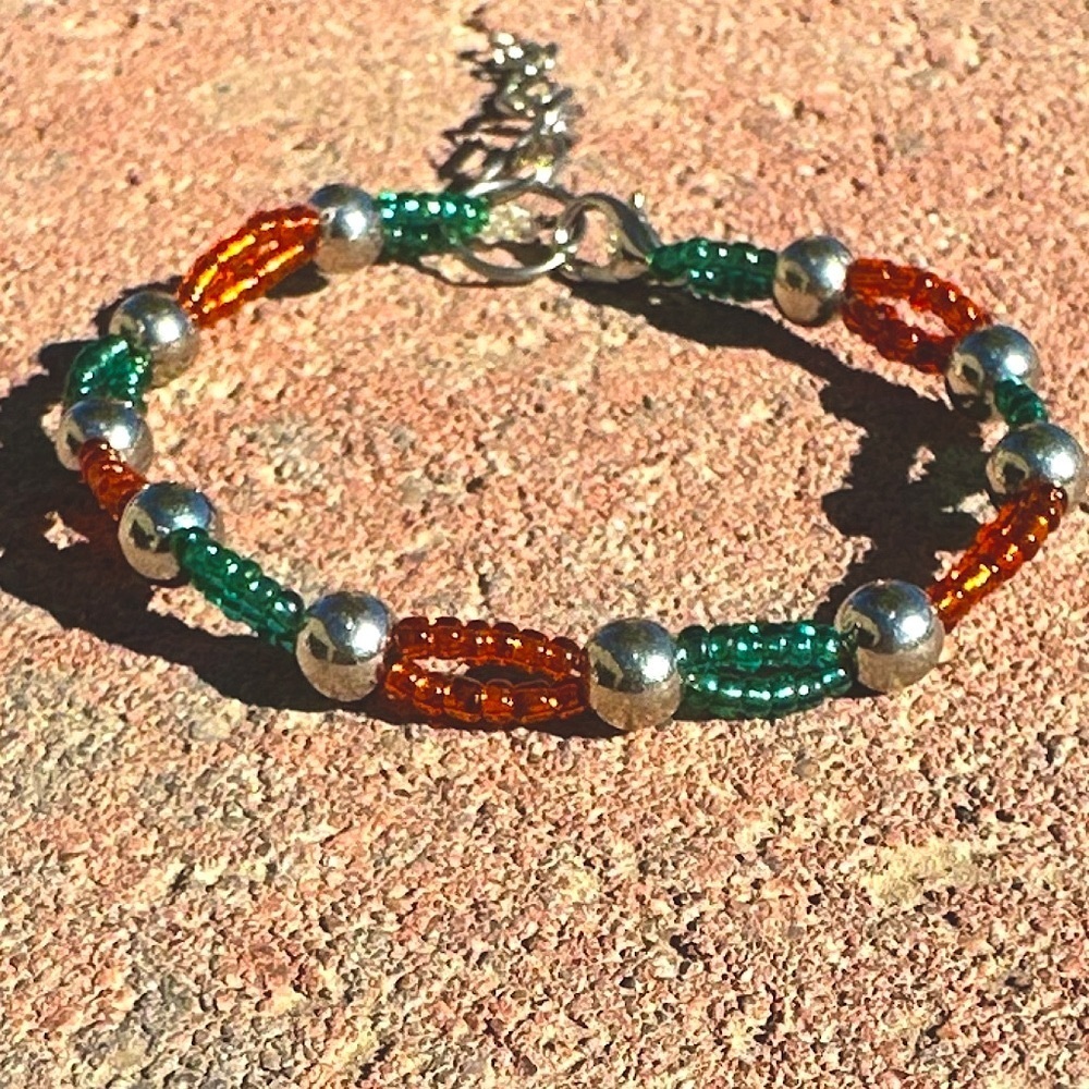 Blue and Orange Beaded Adjustable Bracelet with Silver Accents